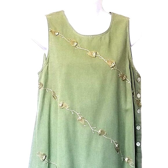 Vintage 90s Dress PS Midi Cotton Green Applique Leaves Sleeveless Jumper Pinafor - Picture 2 of 13